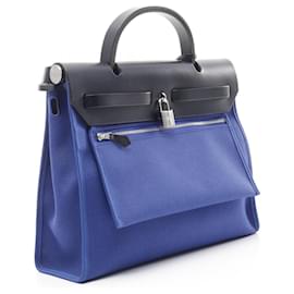 Hermès-Hermes Herbag Zip PM Toile Militaire Leather Handbag-Blue,Other,Navy blue