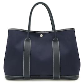 Hermès-Hermes Garden Party Toile Officier Leather Tote Bag-Blue,Navy blue