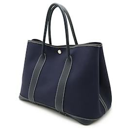 Hermès-Hermes Garden Party Toile Officier Leather Tote Bag-Blue,Navy blue