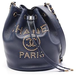 Chanel-Chanel Deauville Grained Calfskin Shoulder Bag-Blue,Navy blue