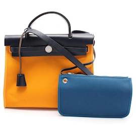 Hermès-Hermes Herbag Zip PM Toil Officier Leather Handbag-Orange,Navy blue