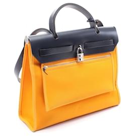 Hermès-Hermes Herbag Zip PM Toil Officier Leather Handbag-Orange,Navy blue