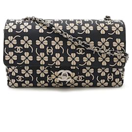 Chanel-Chanel Canvas Leather Clover Chain Shoulder Bag-Black,Beige