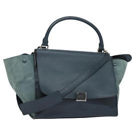 Céline Bolsa de mão Trapeze CELINE em couro e camurça 2 em 1 azul prata Auth BA5022 Prata Azul