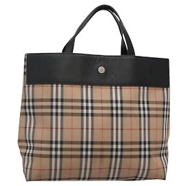 BURBERRY Nova Check Hand Bag Nylon Leather Beige Silver Auth bs28988 Silvery Beige