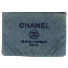 Chanel Deauville Sequin Blue Denim Clutch Bag Pouch Blue