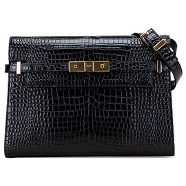 Saint Laurent Black Medium Shiny Croc Embossed Manhattan Shoulder Bag Black