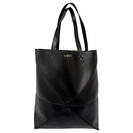 Loewe Medium Puzzle Falt-Tote aus schwarzem glänzendem Kalbsleder Schwarz
