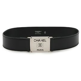 Cinto de couro preto com fivela de placa Chanel Coco Mark Preto