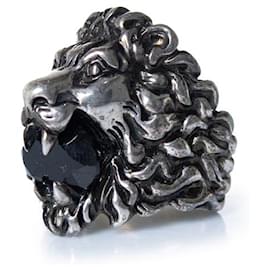 Gucci, Anillo unisex con cabeza de león y piedra negra Negro Plata