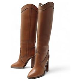 Yves Saint Laurent BOTA DE SALTO SAINT LAURENT KATE WESTERN 620981 37 EM COURO CAMEL Camelo