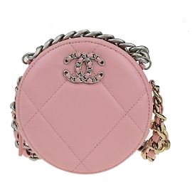 Chanel 19 Round Clutch with Chain Quilted Leather Pink