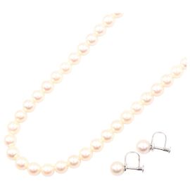 Conjunto de colar e brincos de pérolas Tasaki em prata 925 K14WG Branco