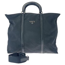 Bolsa tote em nylon tessuto com logo triangular Prada Preto