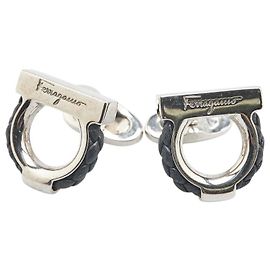 Gemelli in metallo e pelle Gancini di Salvatore Ferragamo Nero Argento