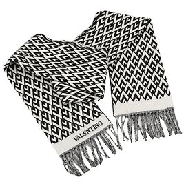 Cachecol V logo Valentino Garavani em lã e caxemira preto × branco Preto