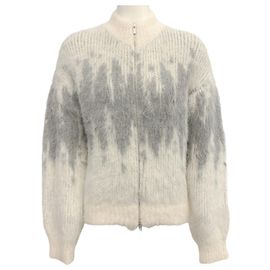 Peserico grauer / weißer Alpaka-Zip-Front-Pullover mit Zickzack-Muster Roh