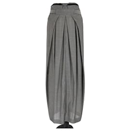 Balenciaga-Balenciaga Grey Belted Pleated Wool Belted Maxi Skirt-Grey