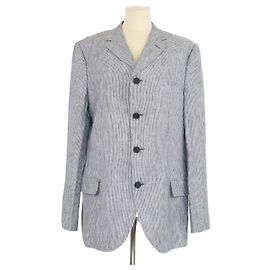 Blazer de lino a rayas azul/blanco de un solo botón Yves Saint Laurent Blanco Azul