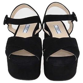 Prada Black Suede Criss Cross Platform Ankle Strap Sandals Black