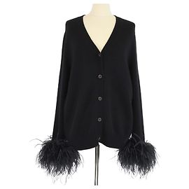 Prada Black Feather Trim Cuff Cashmere Long Sleeve Cardigan Black