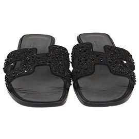 Hermès Hermes Black Oran Rhinestone Embellished Flat Sandals Black