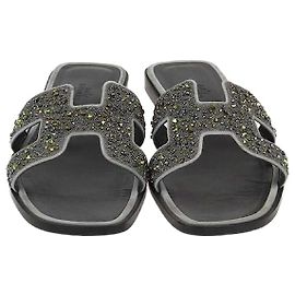 Hermès Hermes Black/Grey Oran Rhinestone Embellished Flat Sandals Black Grey