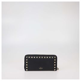 Valentino Black Leather Rockstud Zip Around Continental Wallet Black