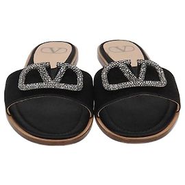 Valentino Black Satin VLogo Glow Flat Slides Black