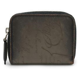 Berluti Script Leather Round Zipper Coin Case Grey