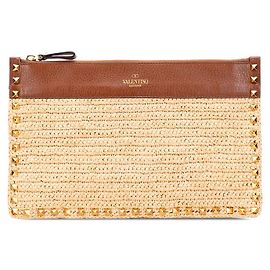 Valentino Garavani Valentino Straw Leather Clutch Bag Brown