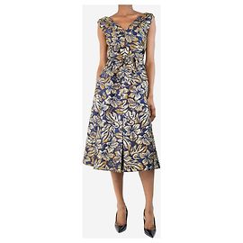 Prada Navy blue and gold floral jacquard bow-front midi dress - size UK 6 Blue