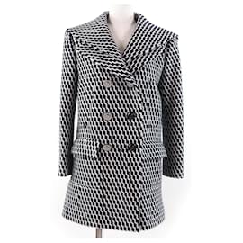 Chanel Hexagon COCO Button Zigzag Pattern Wool Coat Black White