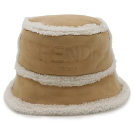 Fendi Logo Shearling Bucket Hat Sheepskin Hat Beige