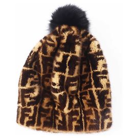Fendi FNX085 Mink Silk Zucca Pattern Fox Fur Knit Cap Brown