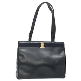 Borsa a Spalla Salvatore Ferragamo Vala in Pelle Blu Navy Oro Auth BA4945 D'oro Blu navy