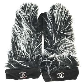 Chanel Black and White Fur Nubuck Mittens Black White