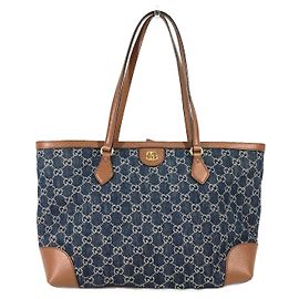 GUCCI Ophidia GG Denim Medium Tote Shoulder Bag Brown Blue