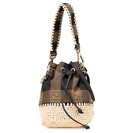 Borsa a secchiello Mon Tresor in jacquard Zucca Pequin e paglia marrone Fendi Marrone