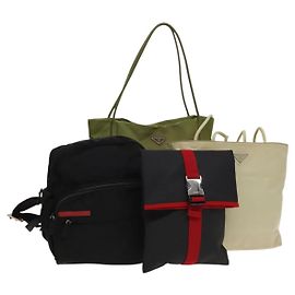 PRADA Tote Bag Nylon 4Set Weiß Khaki Schwarz Auth ki5890 Schwarz Weiß Khaki