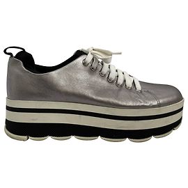 Prada Platform Sneakers in Silver Leather  Silvery Metallic