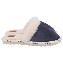 Chloé Woody Sheared Mules in Grey Suede Grey