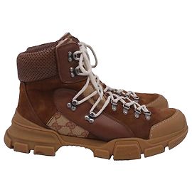 Botas de caminhada Gucci GG Supreme em camurça e couro marrom Marrom Vermelho