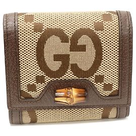 Gucci Jumbo GG Bamboo Diana Calf Compact Wallet Brown Beige