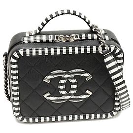 Bolsa de ombro 2 em 1 em pele de caviar filigrana CC da Chanel Preto Branco