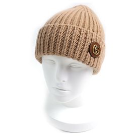 Gorro de malha de lã e caxemira com patch de couro Double G GG Marmont da Gucci Bege Camelo