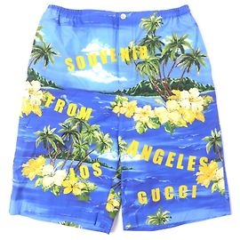 Shorts de algodão meio aloha com botão Gucci 22AW Azul