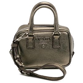 Prada Grauer Mini Metallic Saffiano Top Handle Bag Charm Braun