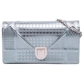 Dior-Dior Blue Metallic Patent Microcannage Diorama Wallet on Chain-Blue,Light blue