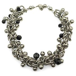 VINTAGE PACO RABANNE METALLKETTE MIT GLÖCKCHEN & SCHWARZEN PERLEN 65CM Silber